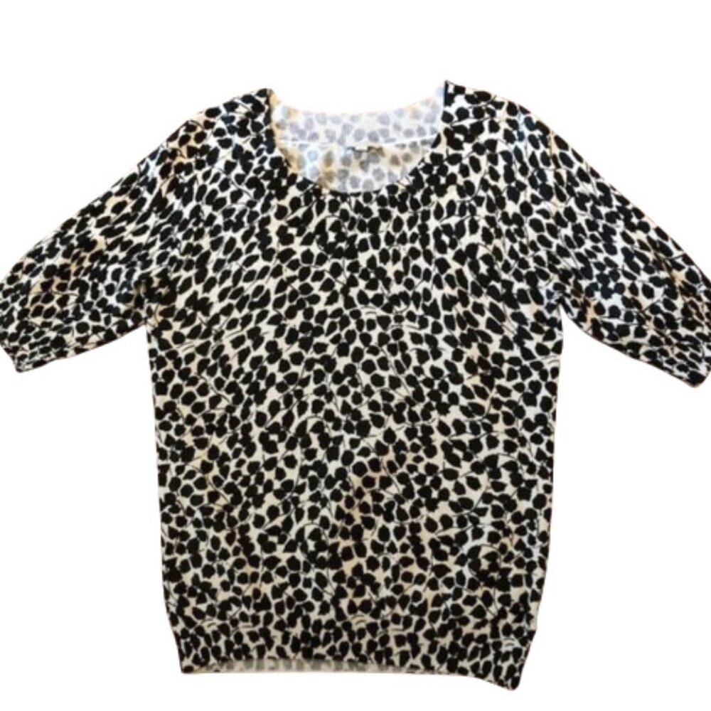 Talbots Sweater Black Ivy & Vines on White, Lightweight Pullover SS, size Small